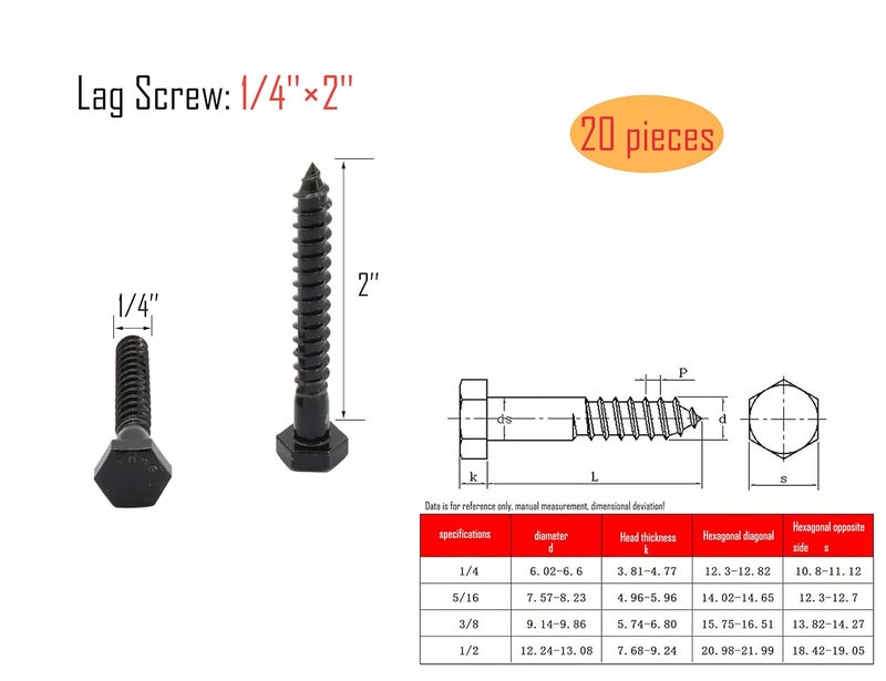 LBY 20 قطعة من براغي اللاغ، 1/4" × 2" براغي لاغ برأس سداسي (مع غسالات)، براغي خشبية ثقيلة لتحسين السطح والتثبيت الهيكلي، فولاذ مقاوم للصدأ 304، (أسود) - Image 3